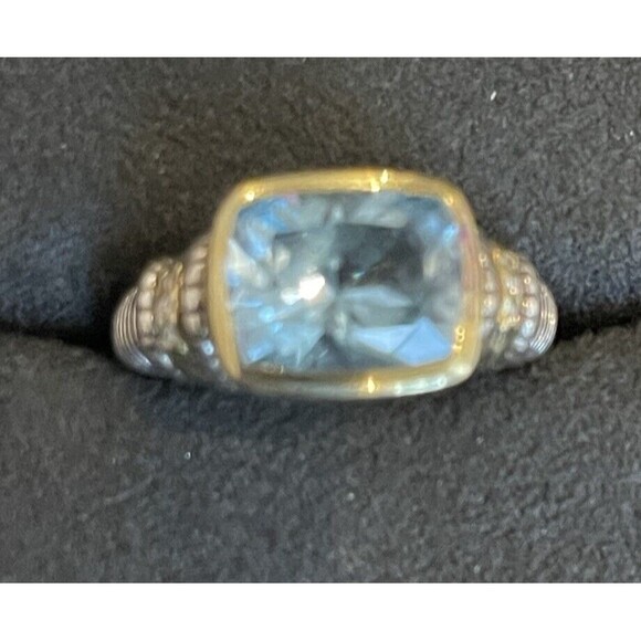 Judith Ripka Couture JR2 Blue Topaz & Diamond SS & 18kt Gold Ring Sz 4.5 - Picture 2 of 4